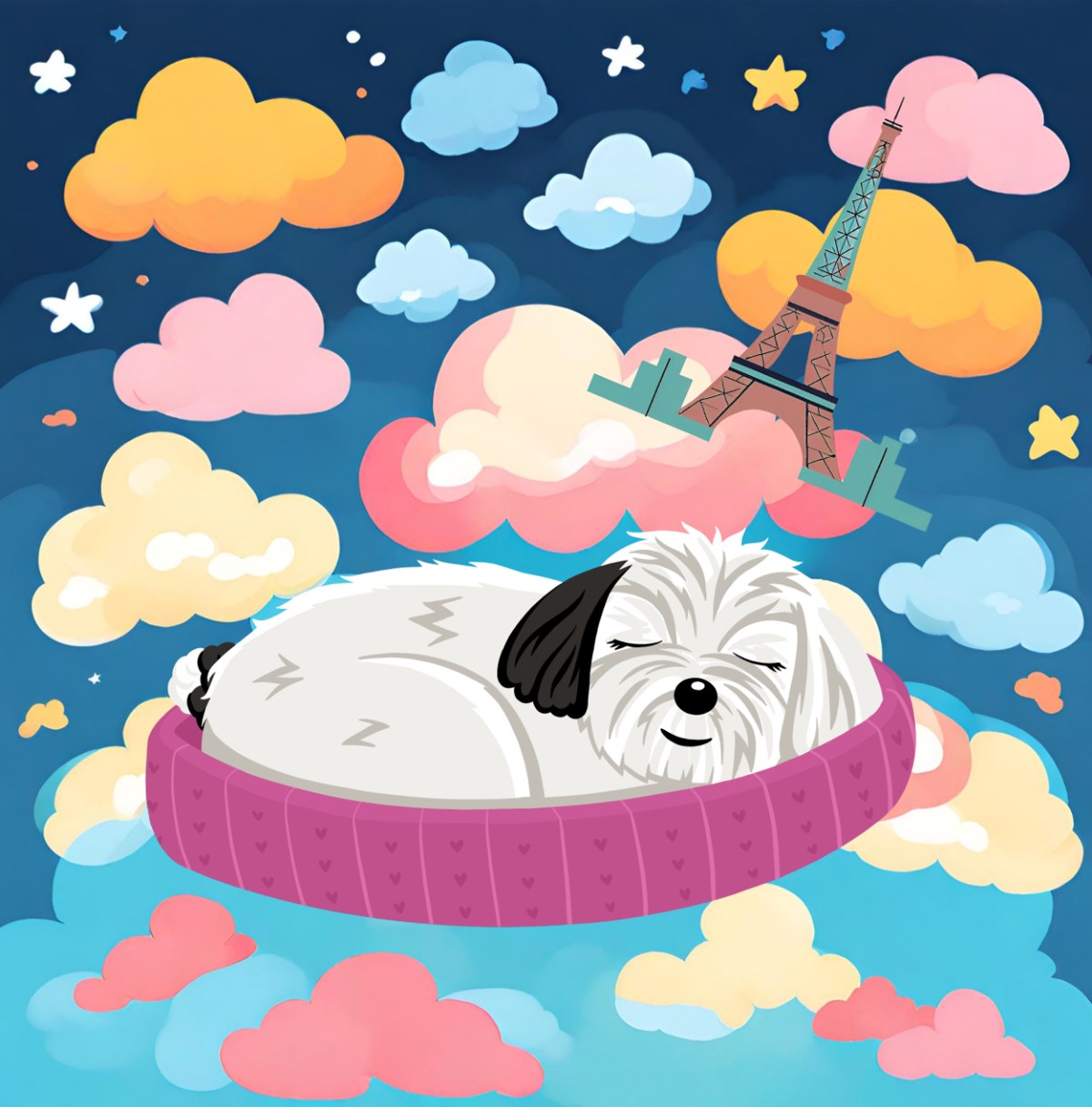 Coco asleep dreaming about Paris among colorful clouds