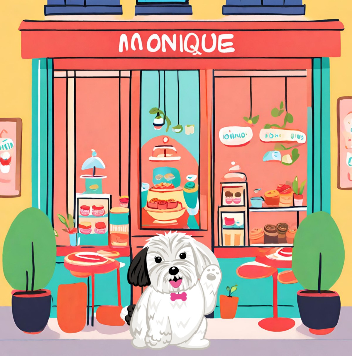 Coco outside a Paris teashop named Monique