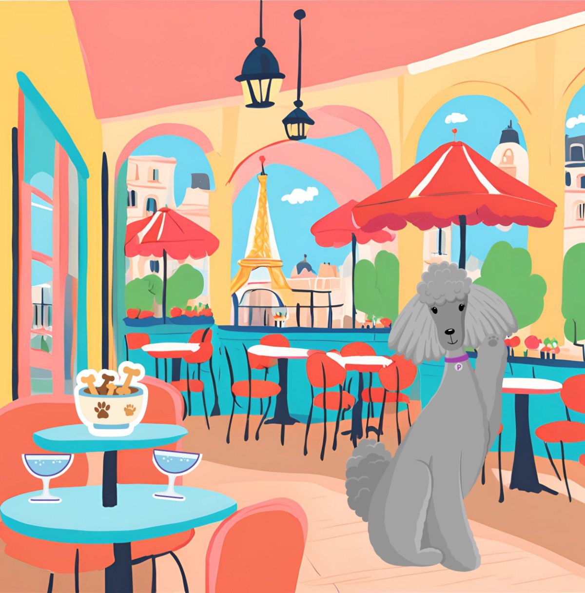 Penelope the poodle at a Paris cafe