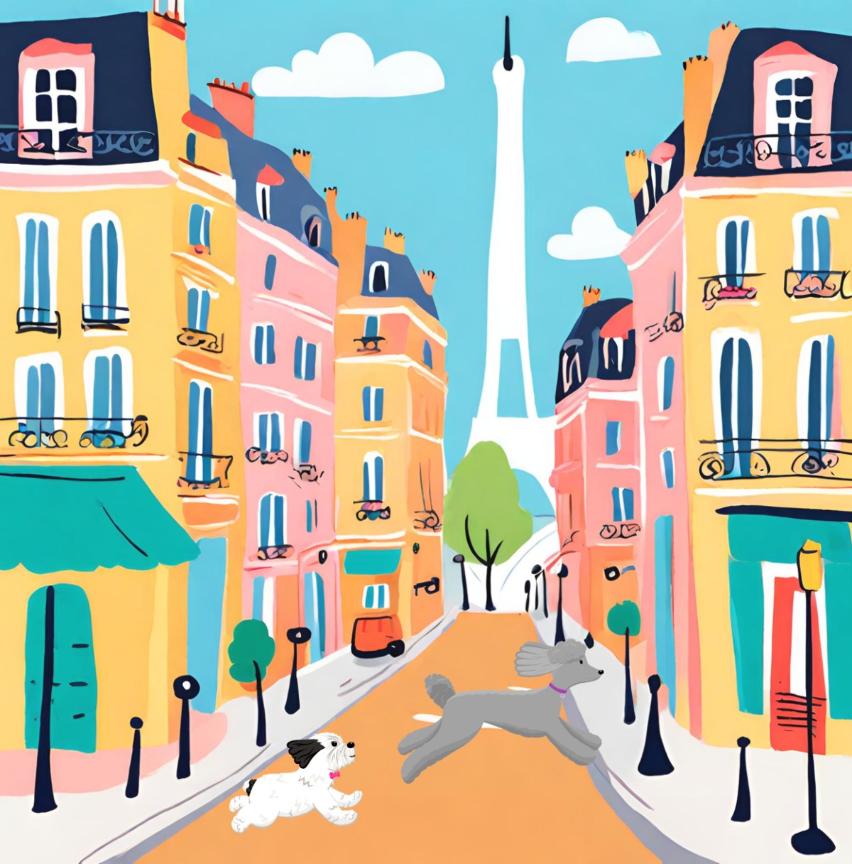 Coco and Penelope walking down a colorful Paris street toward the Eiffel Tower
